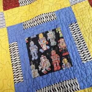 Vintage Antique Hand Made Robot Quilt Blanket 5x6